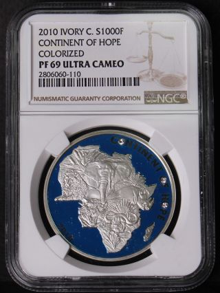 Ivory Coast 2010 Continent Of Hope - Big Five With Swarowski Silver Coin Ngc Pf69 photo