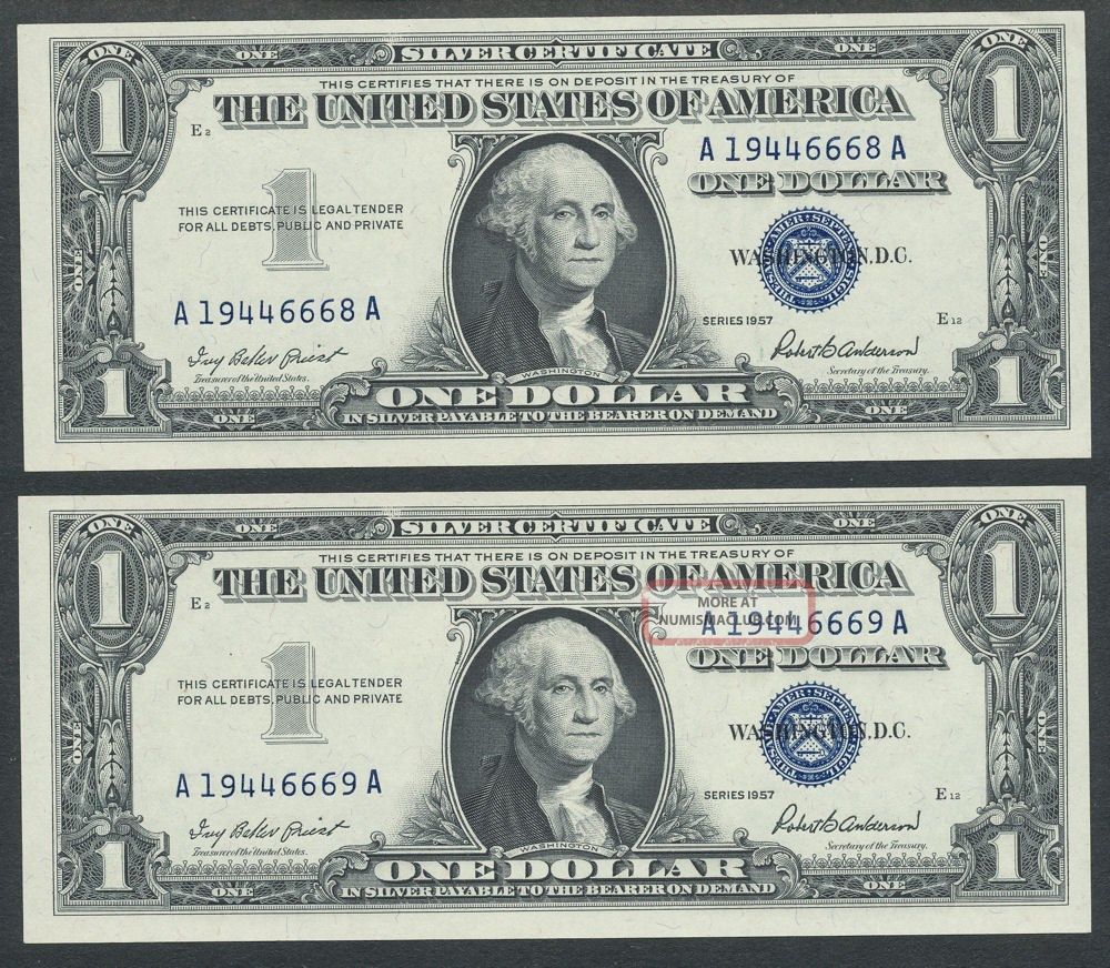 Series 1957 2 Consecutive $1 One Dollar Silver Certificates Cu Small Size Notes photo