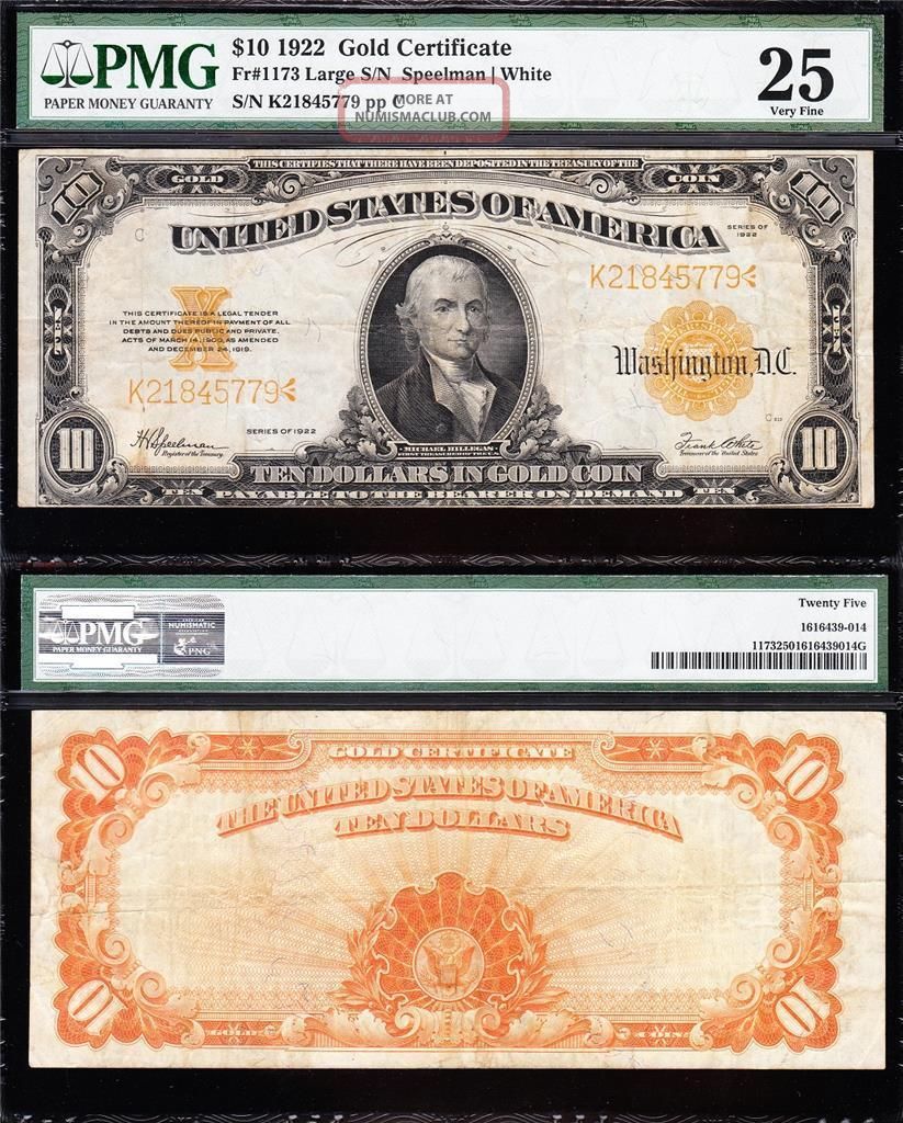 Bold & Crisp Vf 1922 $10 Gold Certificate Pmg 25 K21845779 Large Size Notes photo