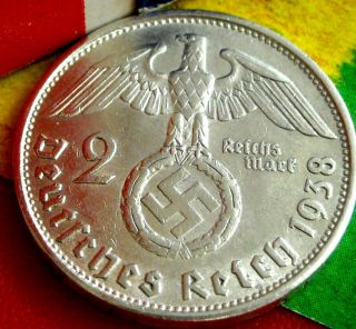 Xxx - Rare 1938 - B Nazi German Swastika Silver 2 Reichsmark Coin Real 3rd - Reich Ww2 photo