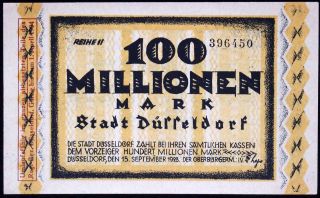 DÜsseldorf 1923 100 Million Mark Inflation Notgeld German Banknote photo
