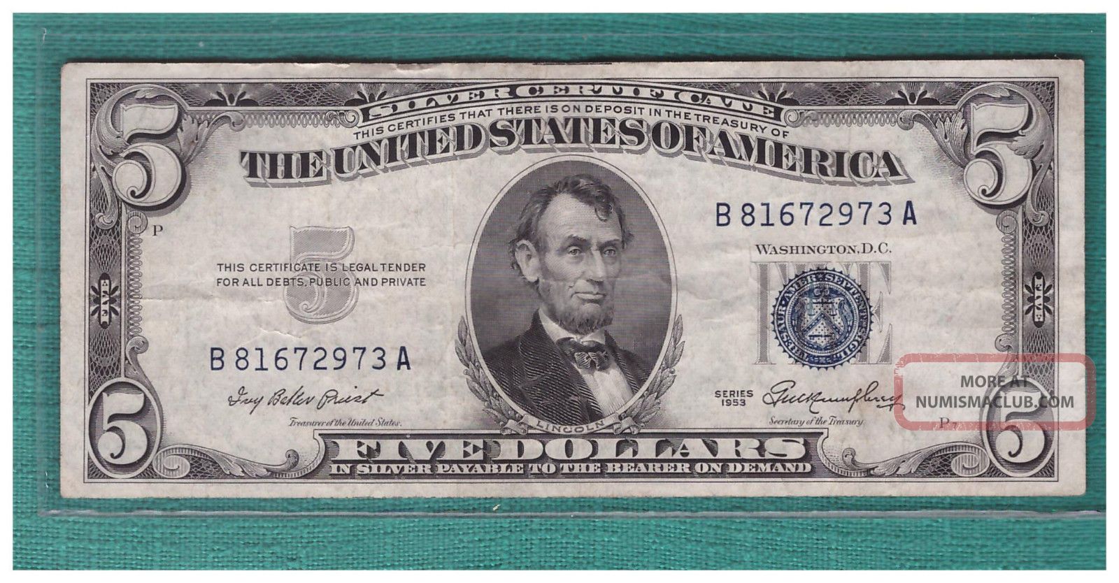 $5 1953 Five Dollars Bill Blue Seal Silver Certificate Note Old Currency F912 Small Size Notes photo