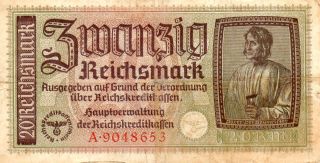Xx - Rare German 20 Reichsmark Third Reich Nazi Banknote Swastika Good C photo