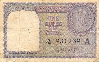 India 1 Rupee 1957 Series A Prefix N/90 Circulated Banknote K2 photo