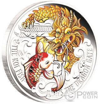 Koi Fish Jumps The Dragon Gate Chinese Mythology 5 Oz Silver Coin 5$ Tuvalu 2016 photo