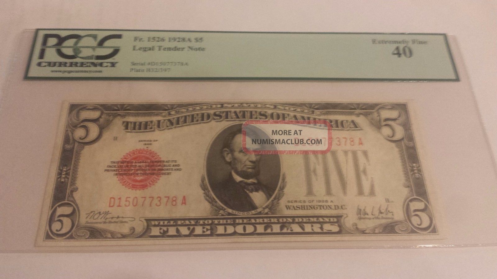 1928 A Legal Tender $5 Pcgs 40 Ppq Extremely Fine Small Size Notes photo