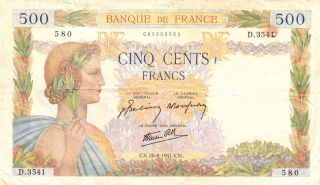 1941 France 500 Francs Note. photo