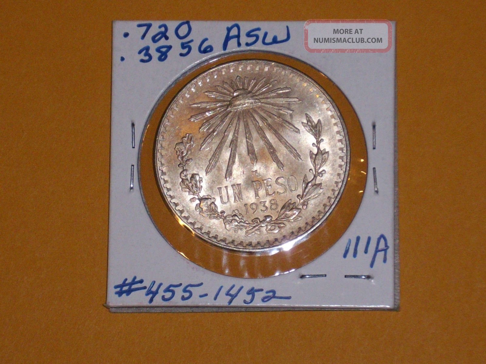 1938 Mexican Silver 1 Peso - Cap & Ray Coin /. 720 Silver ...