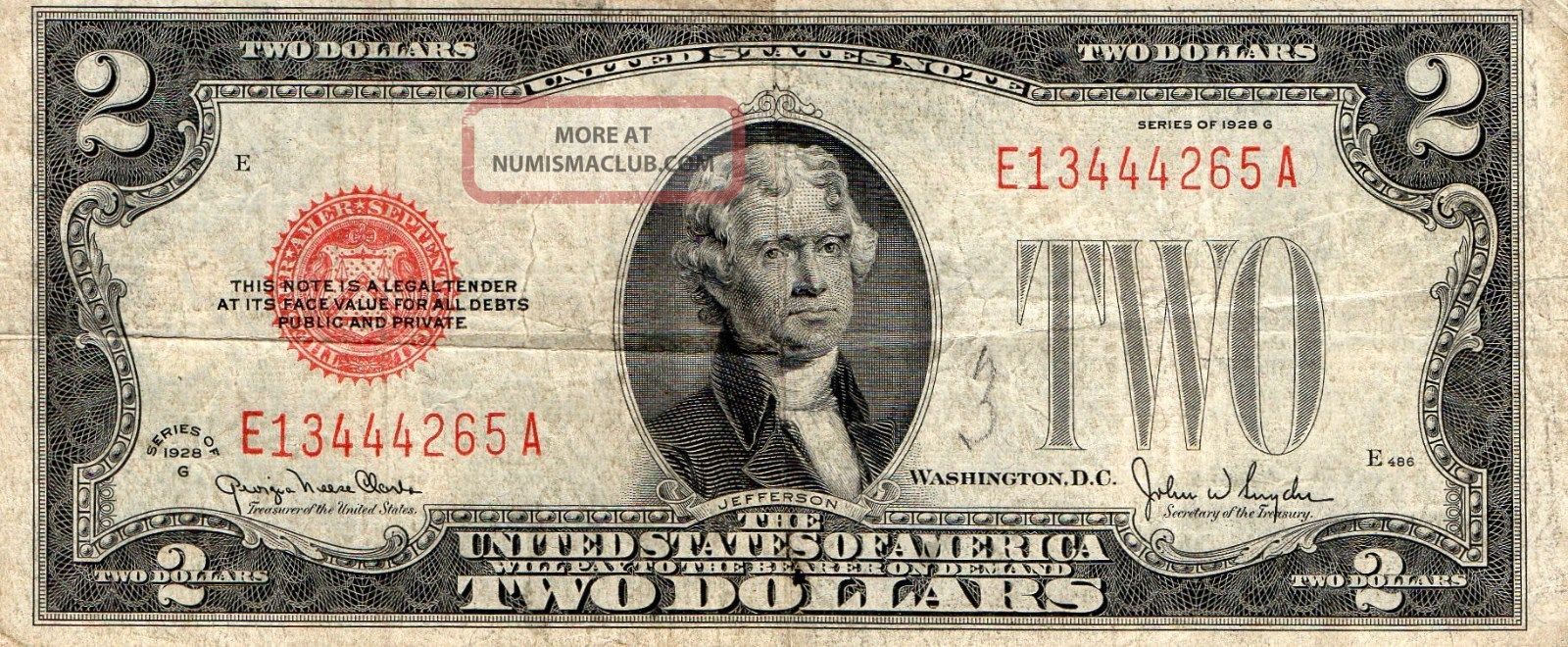 1 - 1928g $2 Red Seal United States Note,  Old United States Currency,  Circ. Small Size Notes photo