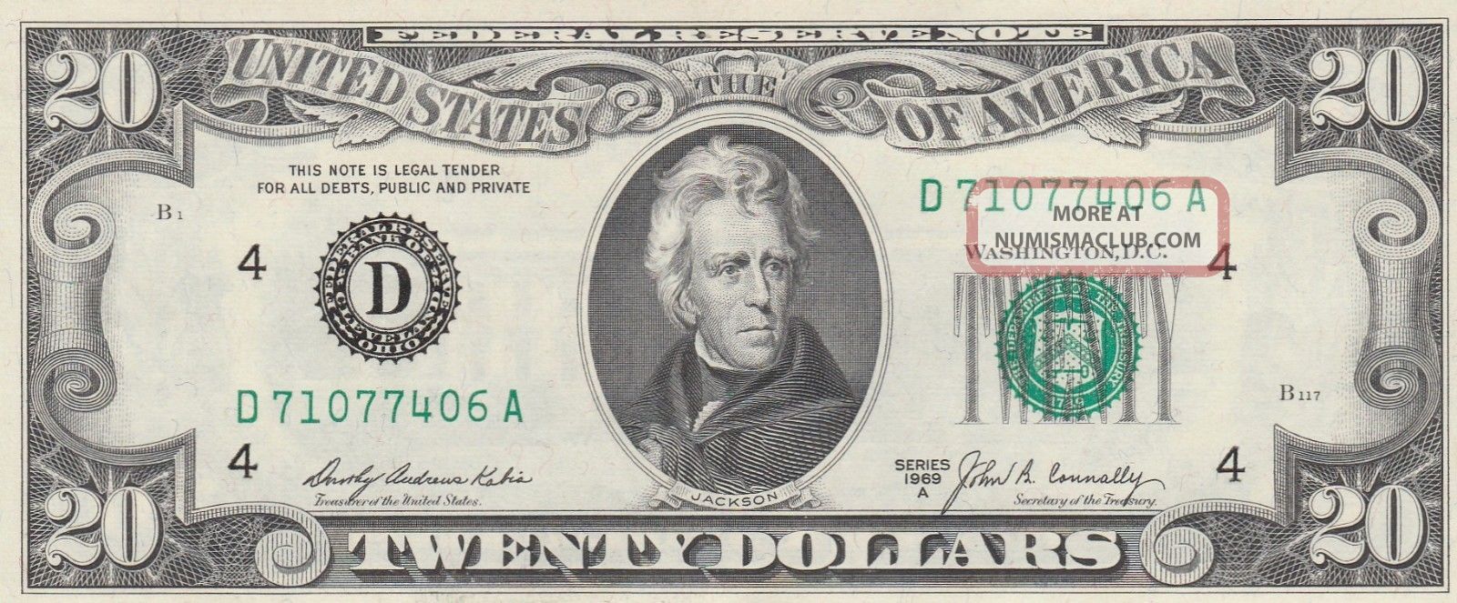 1969 20 Dollar Bill District D 4 Cleveland Oh Old Style Uncirculated D71077406a Small Size Notes photo