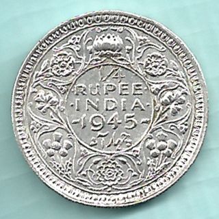 British India - 1945 - King George Vi Emperor - 1/4 Rupee - Rare Silver Coin photo