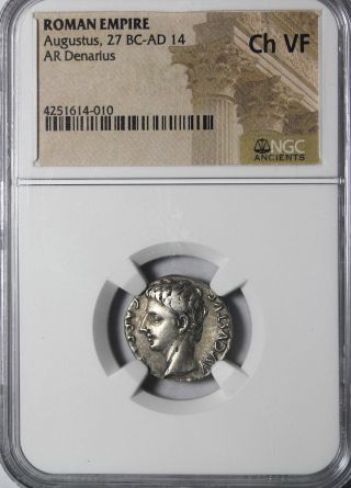 Ancient Roman Empire Augustus 27 Bc - 14 Ad Ar Silver Denarius Tarraco Ngc Ch Vf photo