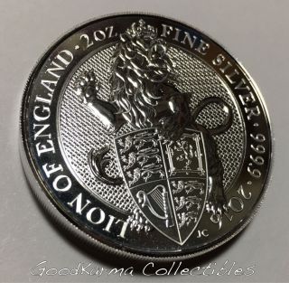 2016 Uk British Queen’s Beast - Lion 2 Oz.  9999 Silver Coin Bu photo