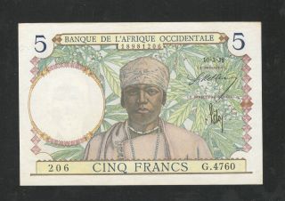 French West Africa 5 Francs 10.  3.  1938 Unc - Aunc P21 photo