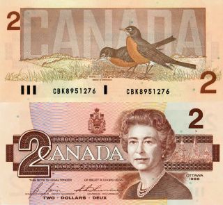 ◆◆uncirculated Banknote◆◆ 1986 $2 Two Dollar Bird Cbi Bonin - Thiessen - Unc Canada photo