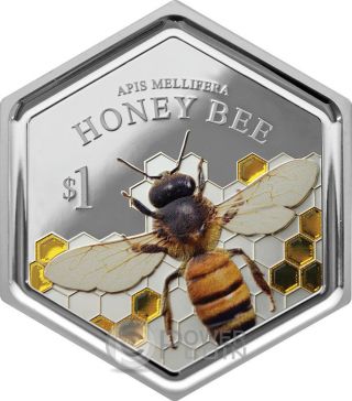 Honey Bee Hexagonal Shape 1 Oz Silver Coin 1$ Zealand 2016 photo