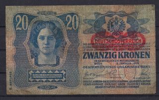 1915 Austria Hungary Banknote Overprinted German Note 20 Kronen photo