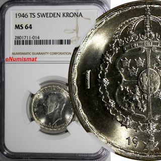 Sweden Gustaf V Silver 1946 Ts 1 Krona Ngc Ms64 Top Graded Gem Coin Km 814 photo