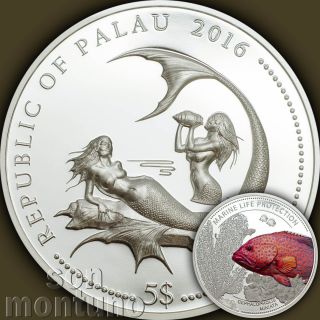 2016 Palau $5 - Coral Hind Fish - Marine Life Protection Silver Mermaid Coin photo