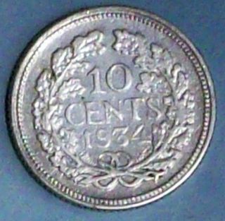 Netherlands 10 Cents 1934 Very Fine 0.  6400 Silver Coin photo