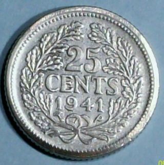 Curacao 25 Cents 1941 P Very Fine 0.  6400 Silver Coin photo