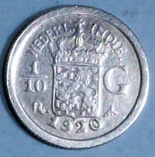 Netherlands Indies 1/10 Gulden 1920 Fine 0.  7200 Silver Coin photo