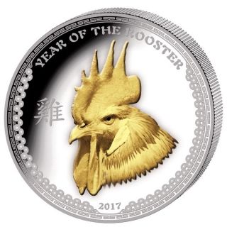 2017 Palau 1 Oz.  999 Silver Year Of The Rooster $5 Gilded High Relief Coin photo