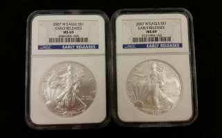 2007 - W Burnished Silver American Eagle Ms - 69 Ngc Early Releases photo