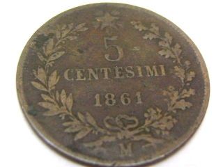 Italian 5 Centesimi Coin,  1861 M - Km 3.  2 - Italy - Vittorio Emanuele Ii - Five photo
