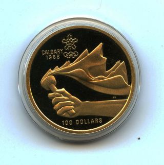 1987 $100 Canada Gold Coin Calgary Olympics Torch And Logo Choice Proof photo