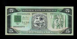 Liberia 5 Dollars 1991 An Pick 20 Unc Banknote. photo