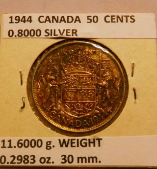 1944 Silver Canada Half Dollar.  925 Silver photo