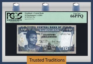 Tt Pk 29a 2001 Swaziland Central Bank 10 Emalangeni Pcgs 66 Ppq Gem photo