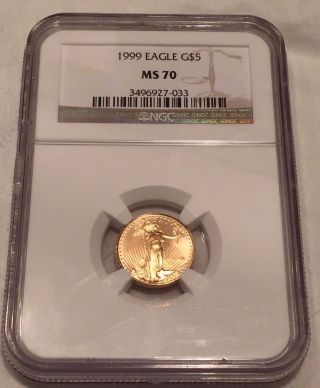 1999 Gold American Eagle $5 1/10 Oz.  Ngc Ms70 : Eye Appeal & Crisp Detail photo