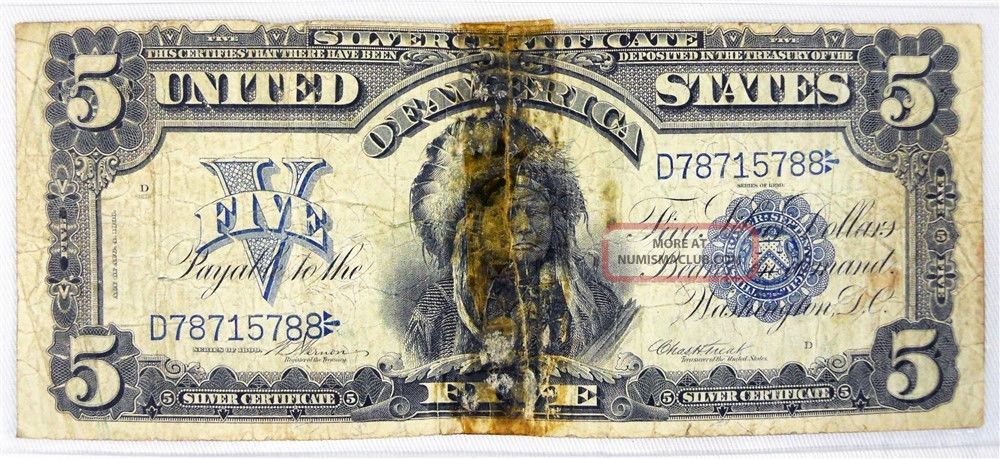 1899 $5 Silver Certificate Indian Chief Onepapa 5 Dollar Bill Blue Seal Large Size Notes photo