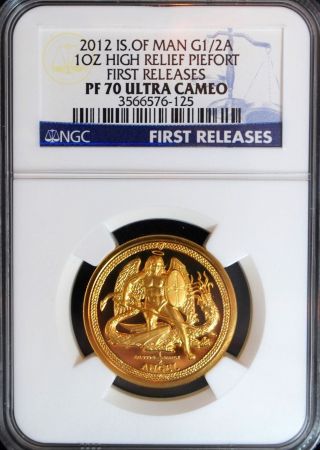 2012 Isle Of Man 1 Oz Gold 1/2 Angel High Relief Pf 70 Piefort Cameo Proof photo