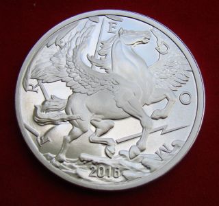 Solid Silver Round 1 Troy Oz 2016 Flying Pegasus Lion Modern Ancients.  999 Bu photo
