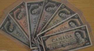 1954 Bank Of Canada Bills - $1 $2 $5 $10 $20 $50 $100 photo