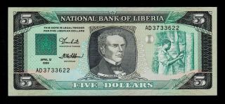 Liberia 5 Dollars 1989 Ad Pick 19 Unc. photo