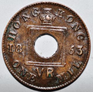 1863 Rare Hong Kong 1 Mil (1 Cent) Km 2 Au 1863年一文港币 photo