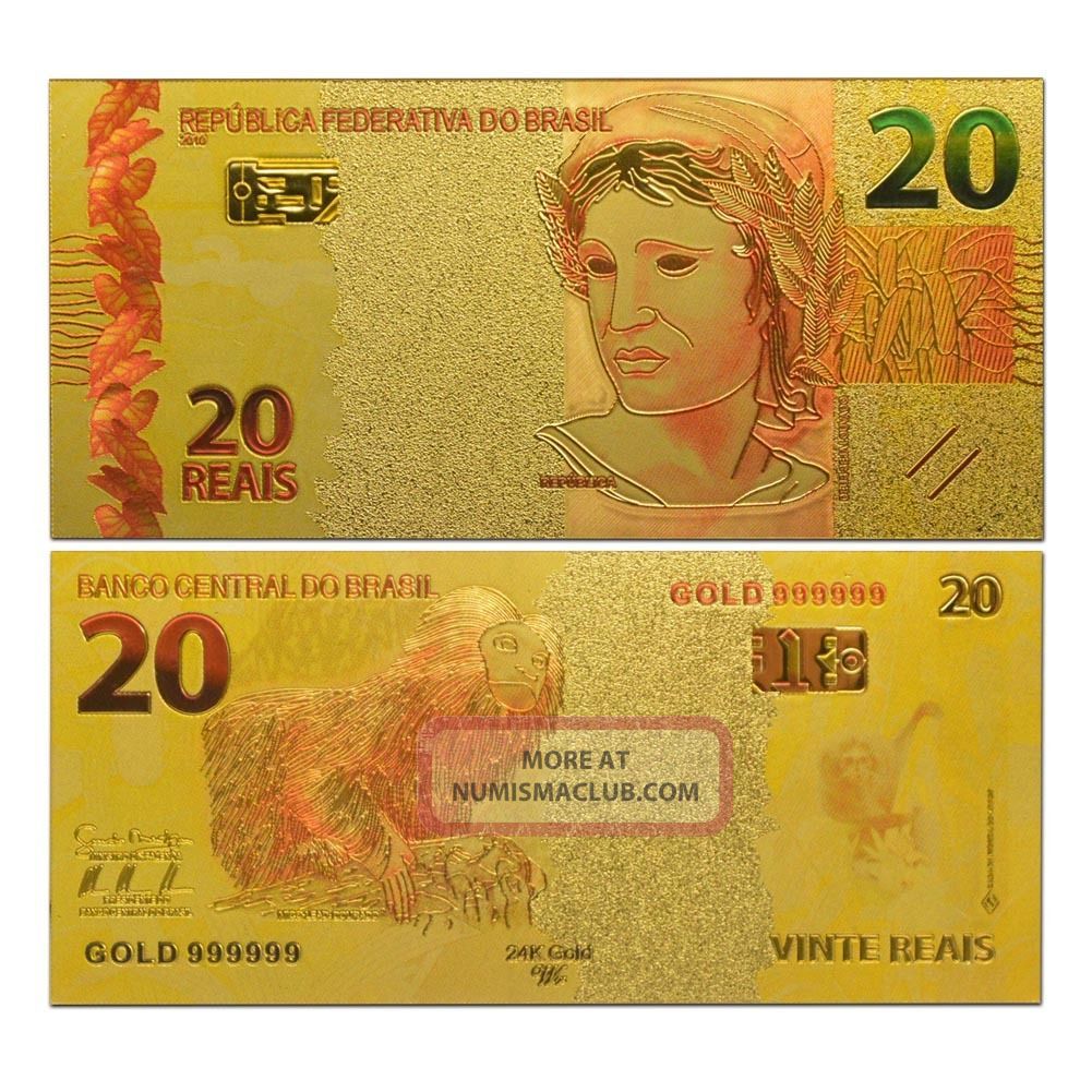 Brazil 20 Reals Banknote Colored 24k Gold World Bill Uncirculated In Sleeve