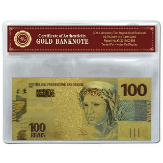 Rare Colored Brazil 100 Reais Banknote 24k 999 Gold Plated Uncirculated /w photo