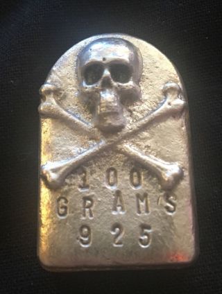 100 Gram Sterling Silver Custom Tombstone Skull Bar Bullion photo