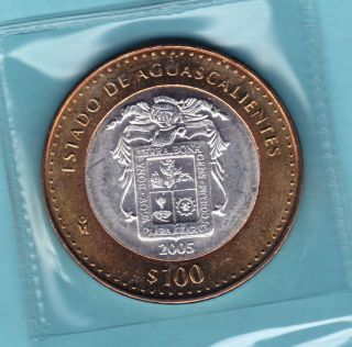 2005 Bu 100p Aguascalientes Bi - Metallic.  925 Silver Mexican Coin (mm250) photo