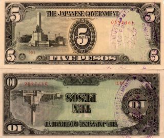 Philippines 5 Pesos,  10p Japanese Invasion Money P110 P111 C/stamped Japwancap photo