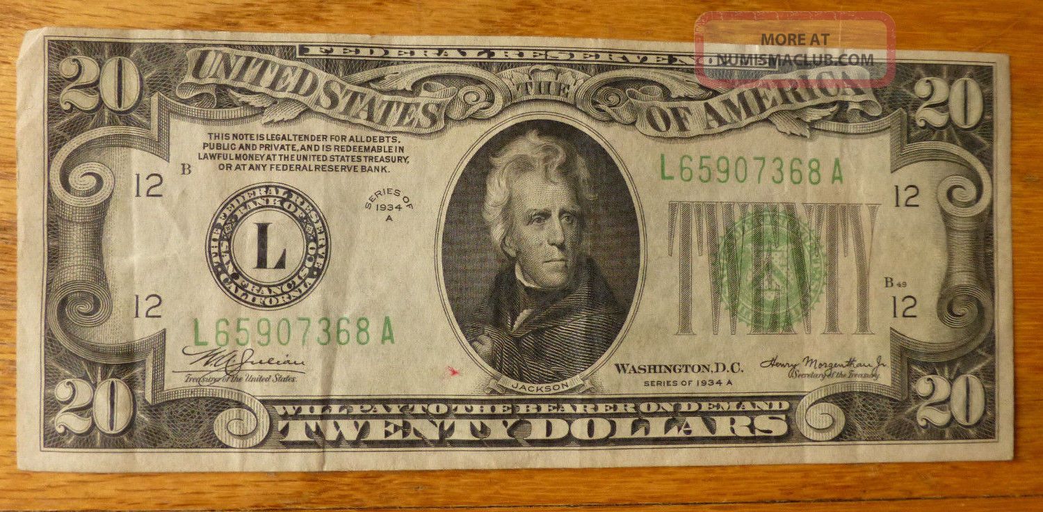 1934 A $20 Twenty Dollar Federal Reserve Note Green Seal San Francisco Small Size Notes photo