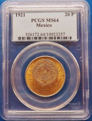 1921 Mexico Gold 20 Veinte Peso Aztec Sun Pcgs Certified Ms 64 Coin photo