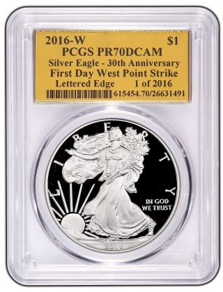 2016 - W Silver Eagle Pr 70 Pcgs First Day West Point Strike 1 Of 2016 Gold Foil photo