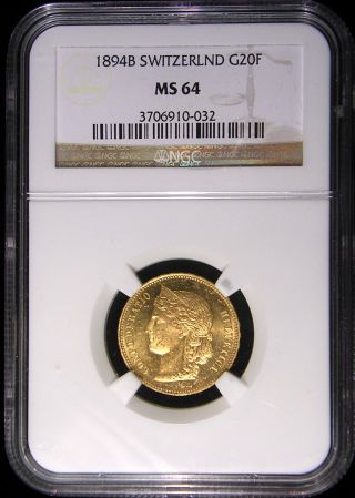 Switzerland 1894 Gold 20 Francs Ngc Ms - 64 Sharp Lustrous Looks Great photo