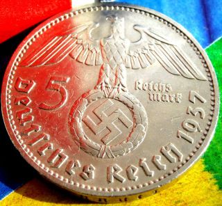 1937 - D Nazi Big Swastika German 5 Mark.  900 Silver Coin - Ww2 Germany 5 Reichsmark photo